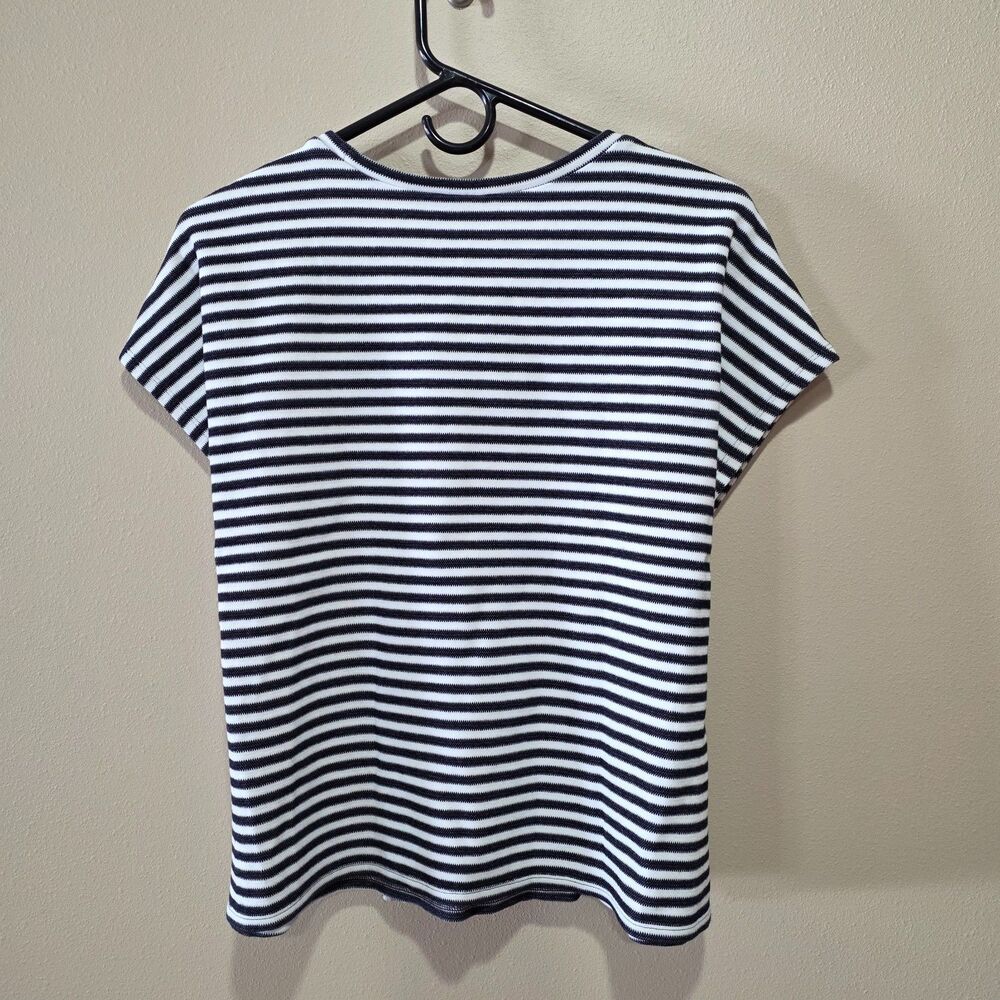 Express Black White Striped Tie Front Top M Nautical Parisian Office Stretch Tee - Picture 3 of 8
